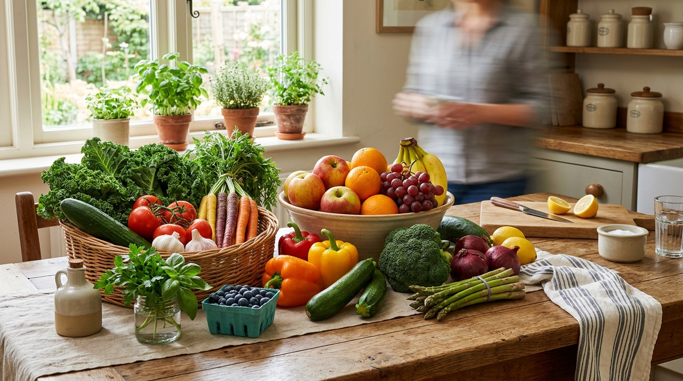 Čerstvá zelenina a ovoce na kuchyňském stole