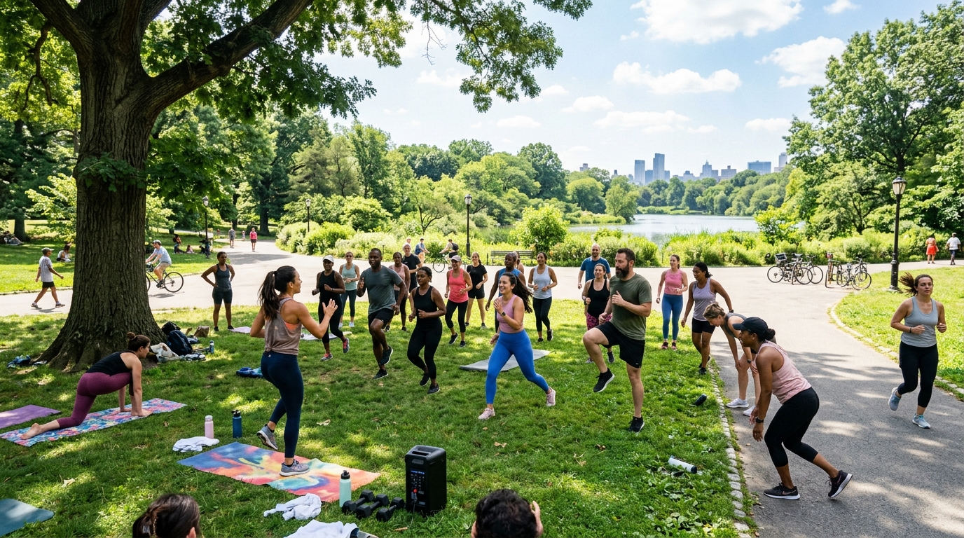 Lidé cvičí v parku za slunečného dne